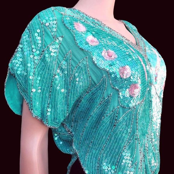 Butterfly Sequin Top Beaded 70s Disco Glam Blue Turquoise Green - Picture 2 of 10